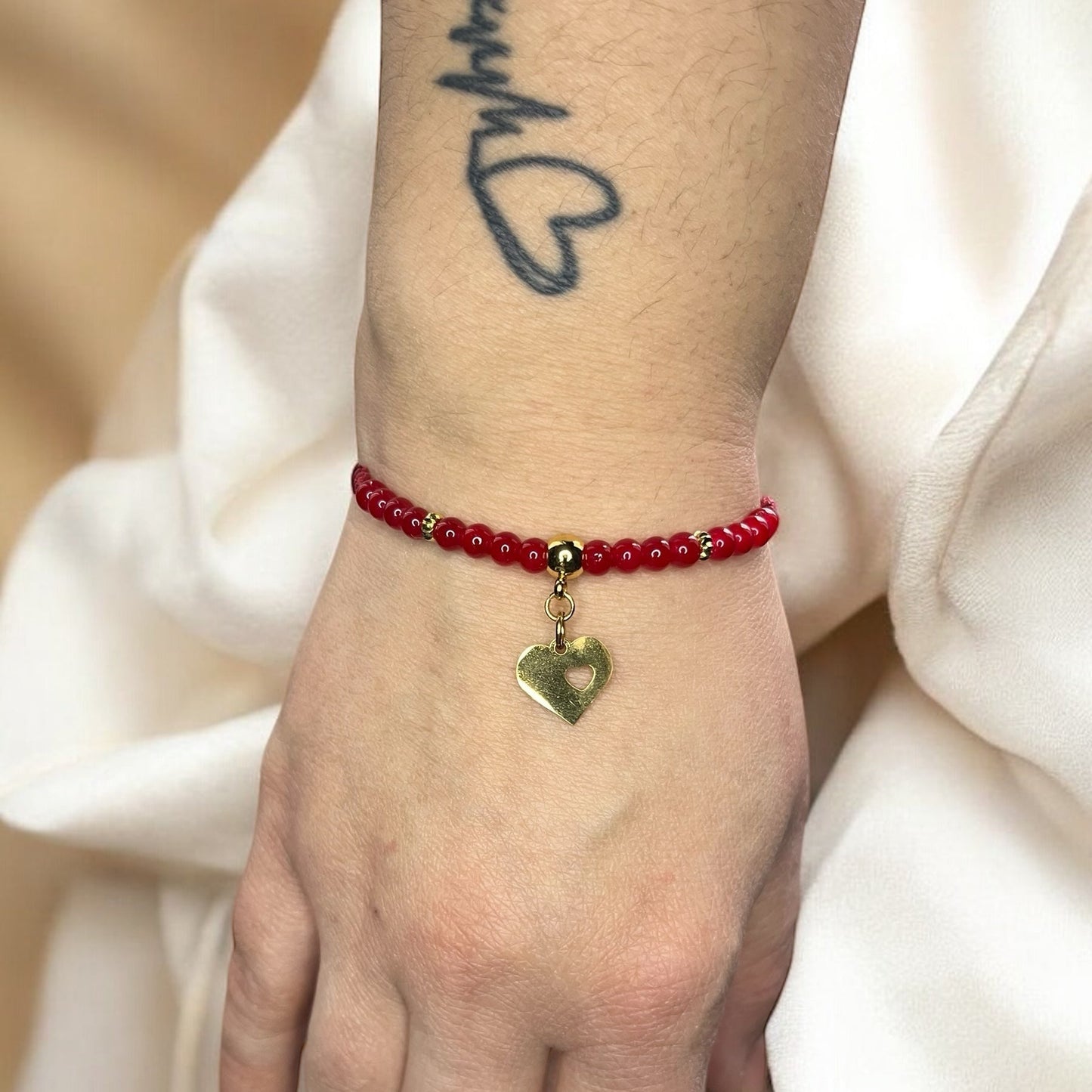 Bracelet coeur & perles de verre rouge (6)