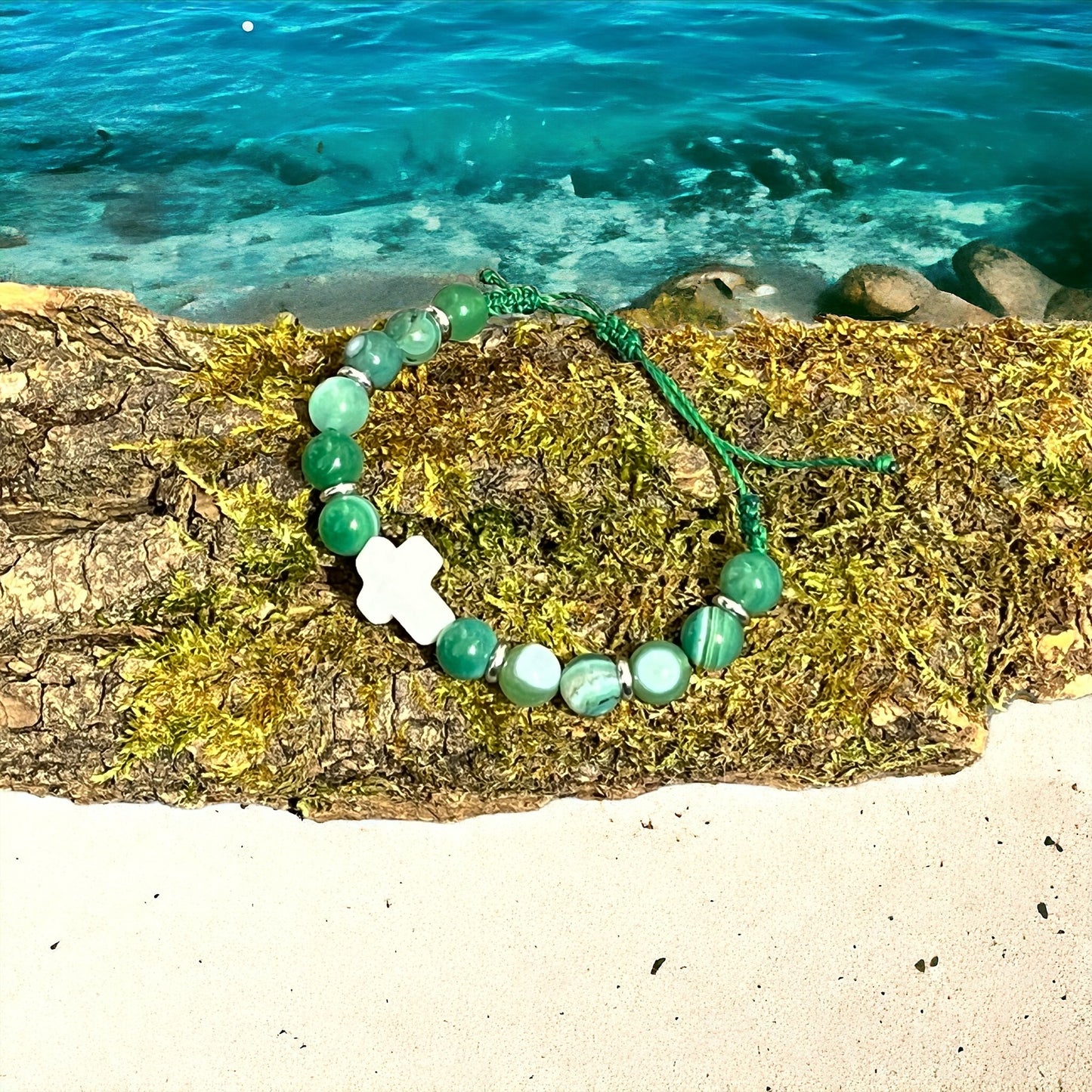 Bracelet ajustable Élégant en Agate verte teintée et Jade Blanche (14)