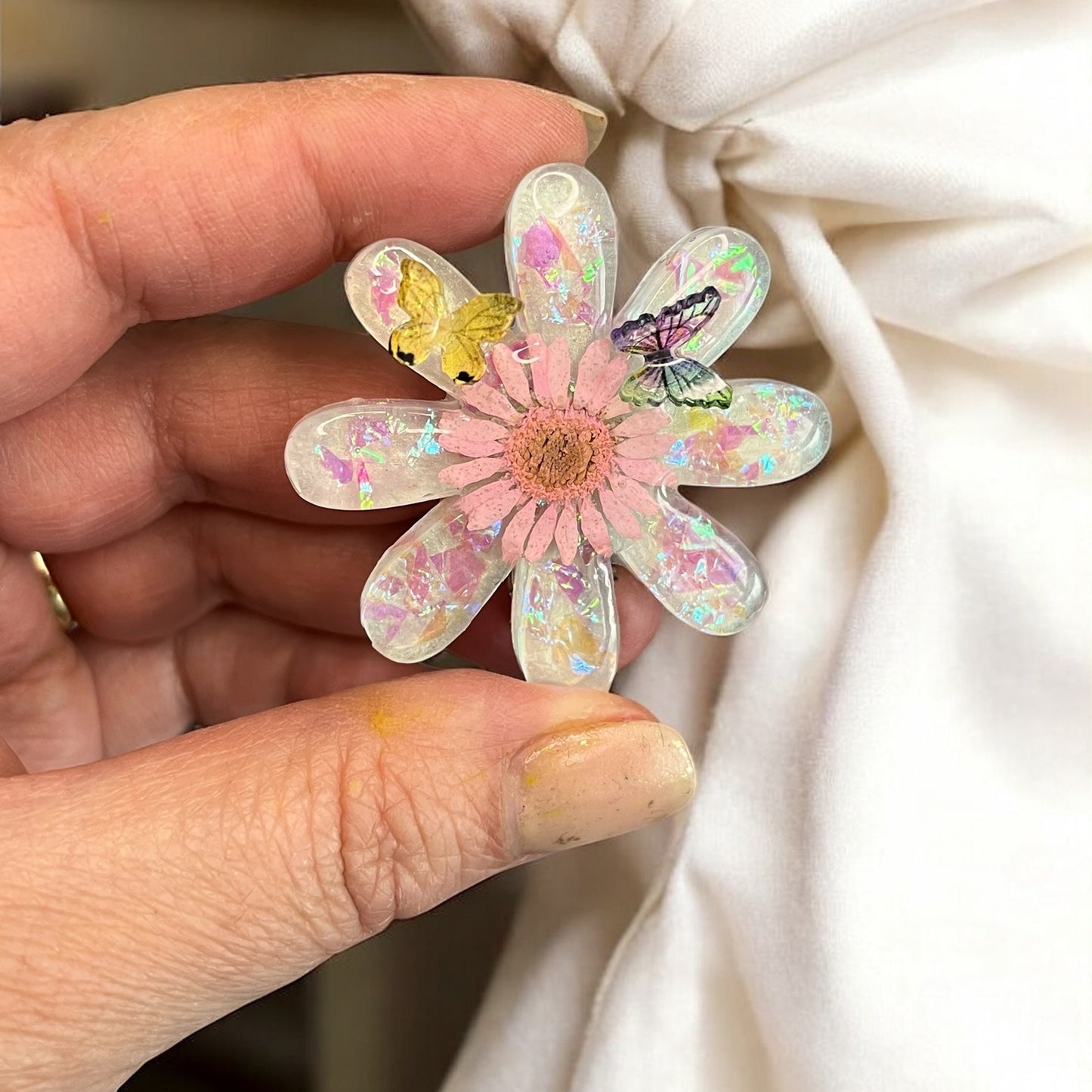 Pince cheveux en Résine avec Fleur Naturelle & Papillons