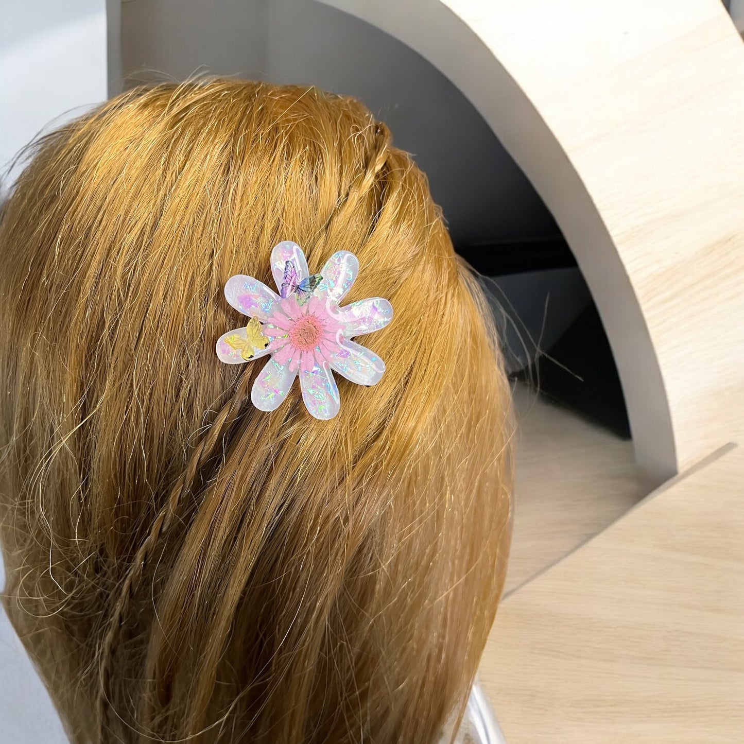 Pince cheveux en Résine avec Fleur Naturelle & Papillons