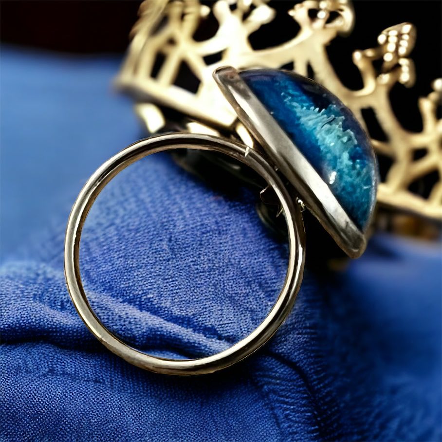 Bague ajustable  en résine Effet encre bleu