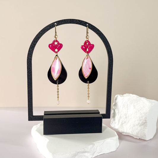 Boucles d’oreilles goutte noire et rose marbré Rosé délicat