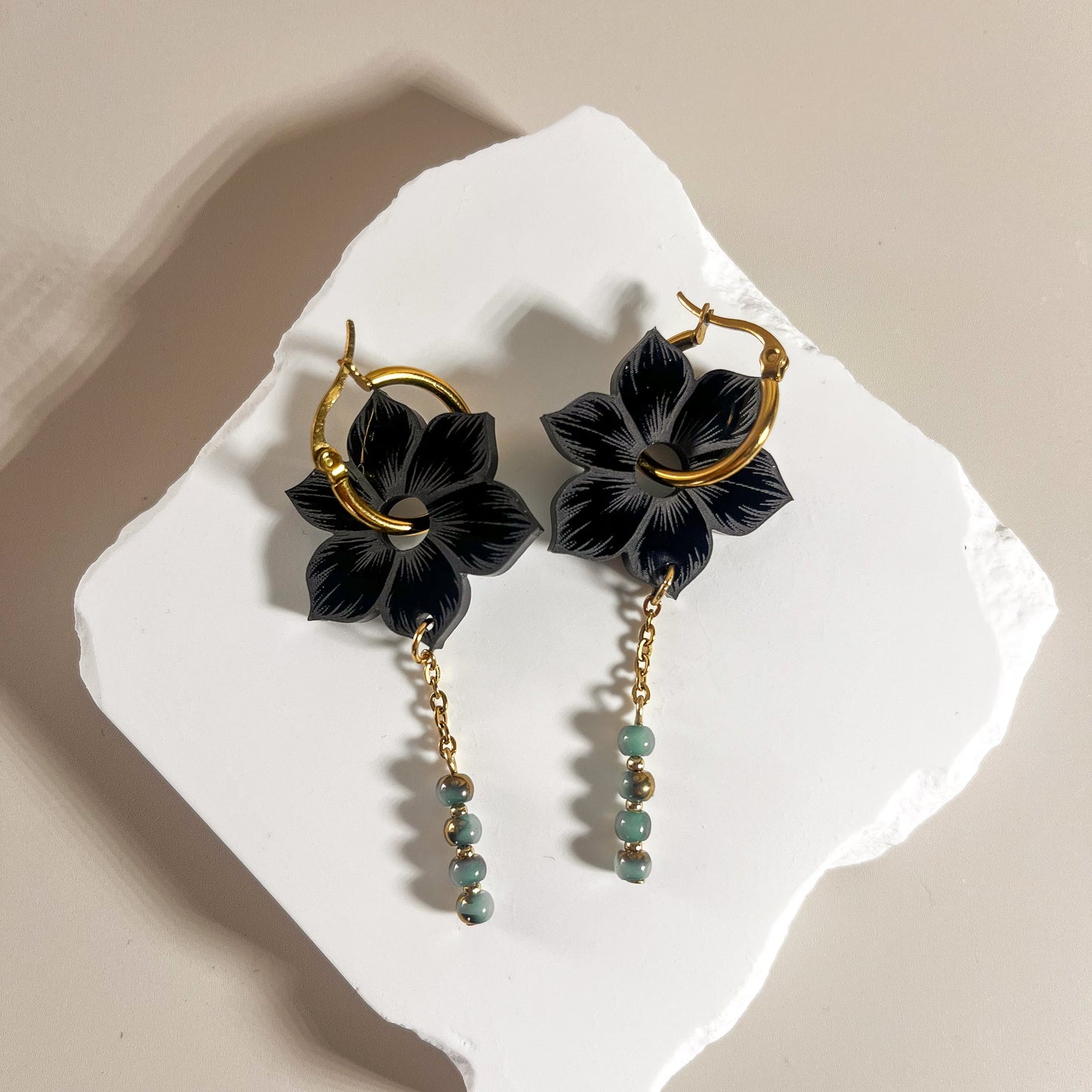 Boucles d’oreilles fleur noire en acier inoxydable – "Éclat de Tendresse"