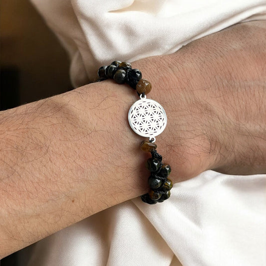 🌌 Bracelet « Vision Sacrée » – Œil de Faucon &amp; Fleur de Vie