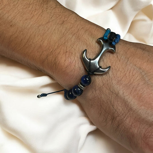 🌊 Bracelet « Ancre & Horizon » – Macramé & Œil de Tigre Bleu