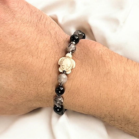 🐢 Sagesse Ancrée – Bracelet en pierres naturelles & tortue blanche