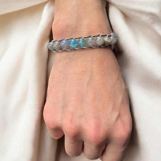 🔷 Bracelet « Équilibre Serein » – Labradorite & Agate Bleue teintée