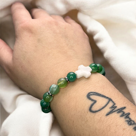 Bracelet ajustable Élégant en Agate verte teintée et Jade Blanche (14)