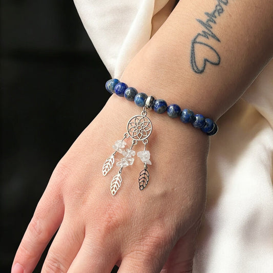Bracelet  attrape rêve ajustable en lapis-lazuli et cristal de roche (15)