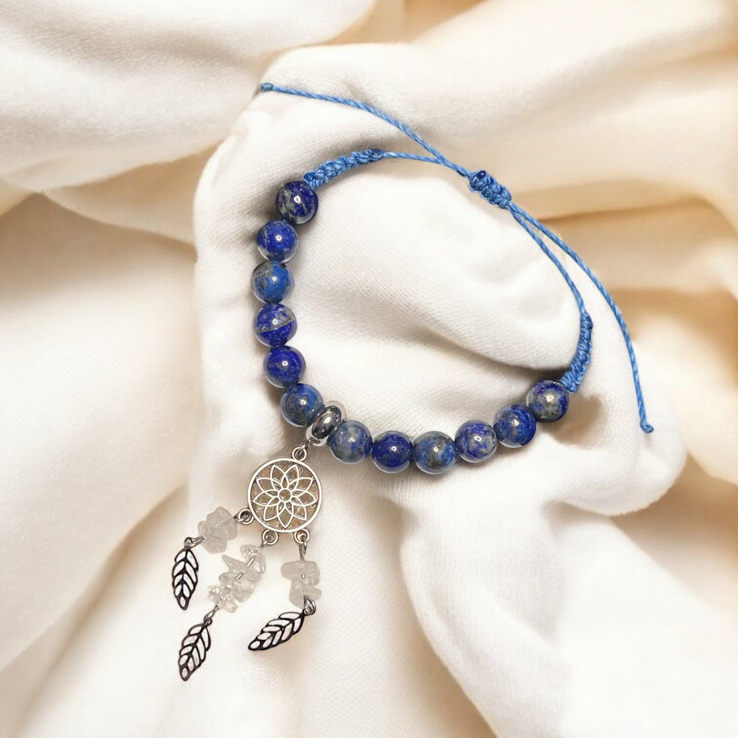 Bracelet  attrape rêve ajustable en lapis-lazuli et cristal de roche (15)
