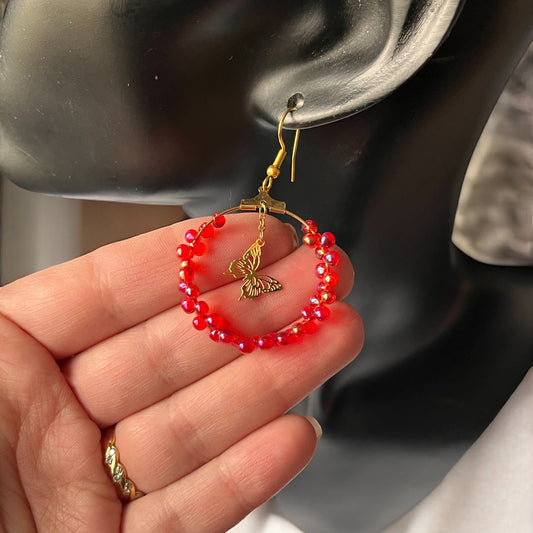 Créoles Papillon & Perles Rouges (1)