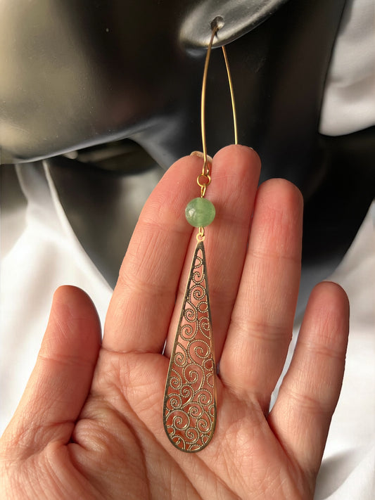 Boucles d’oreilles en aventurine verte et acier inox doré – Élégance naturelle