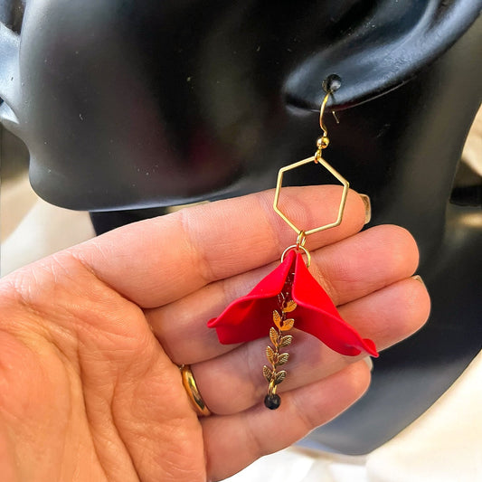 Boucles d’oreilles fleurs rouges & tourmaline noire – "Protection subtile"