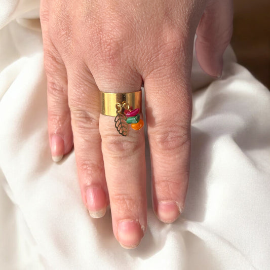 🌸 Bague « Feuille Joyeuse » – Acier inox doré & pierres colorées