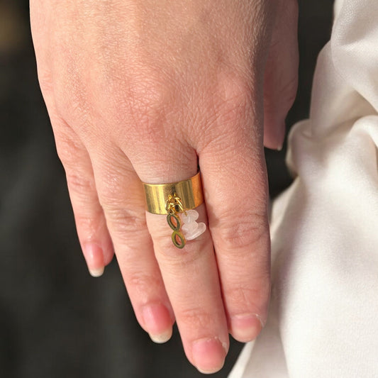 Bague « Infini d’Amour » – Acier inox doré & quartz rose