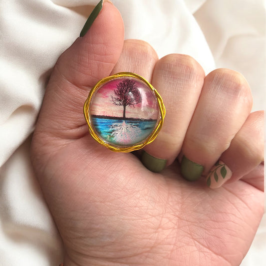 Bague « Racines d’Or » – Arbre de vie & fil doré tressé