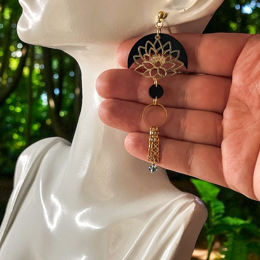 Boucles d’oreilles en acier inox doré, fleur de lotus et pierre de aqua aura – Rayonnement intérieur