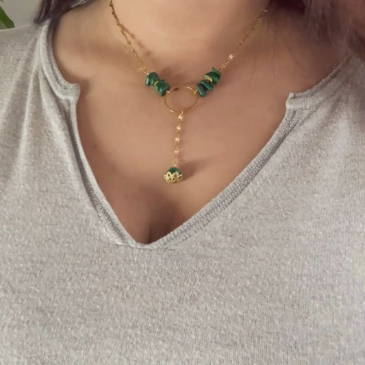 Collier en acier inox doré et malachite — Harmonie protectrice   (offre duo-10%)